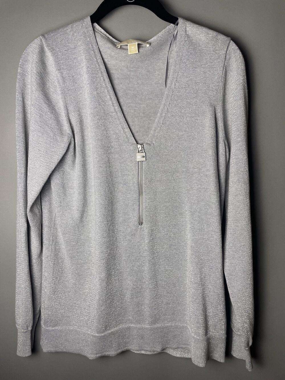 Michael Kors Women’s M Silver Metallic Shimmer Zip Front Sweater Long Sleeve